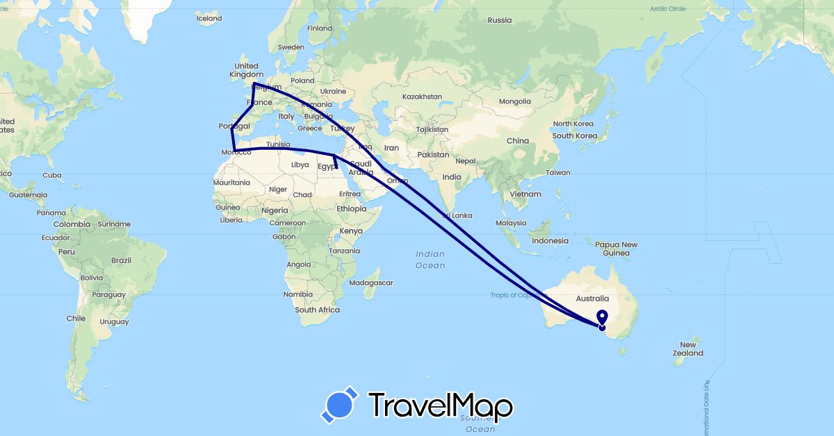 TravelMap itinerary: driving in Australia, Egypt, France, United Kingdom, Morocco, Portugal, Qatar (Africa, Asia, Europe, Oceania)